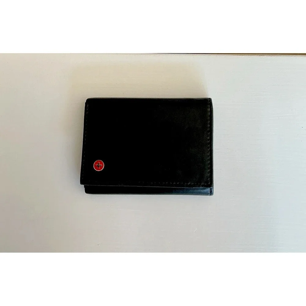 Alpine Swiss Trifold Wallet Mens Genuine Black Leather Classic Red Cross Logo